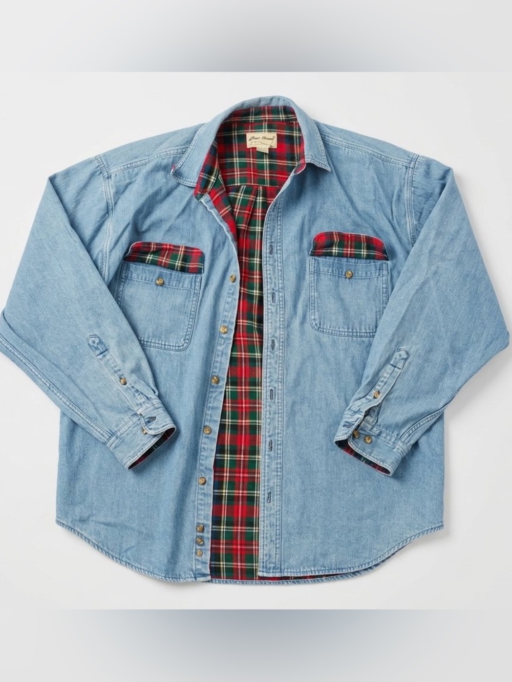 Vintage 90s Eddie Bauer Denim Jean Jacket with Red & Green Plaid Lining